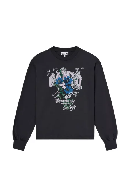 Lung tricou Ganni cu model floral cu imagine negru