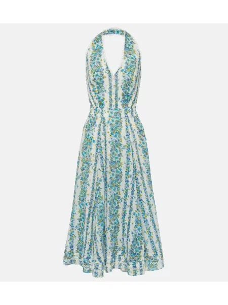 Midi obleka Poupette St Barth s cvetličnim vzorcem povodcem modra