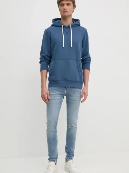 Tommy Hilfiger pulover s kapuco z bombažem modra