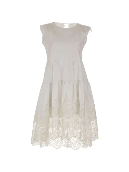 Rochie midi Maurizio Mykonos cu volane din dantelă alb