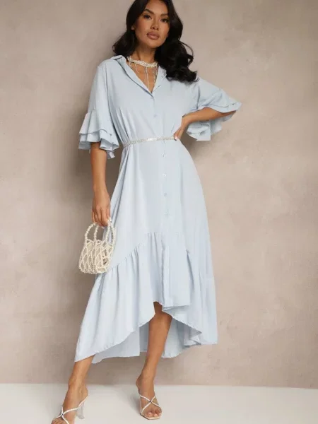 Jasnoniebieska Koszulowa Sukienka Ozdobiona Falbanką Ransara niebieska