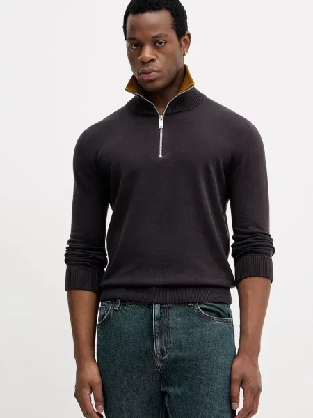 Пуловер Sisley мъжки от лека материя с ниско поло сиво