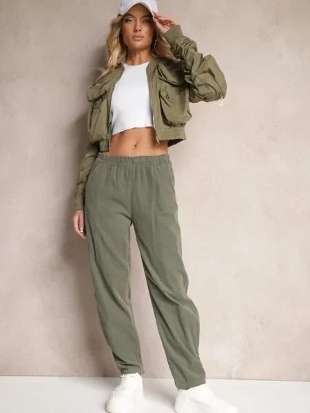 Ciemnozielone Spodnie z Bawełny High Waist Galili zielone