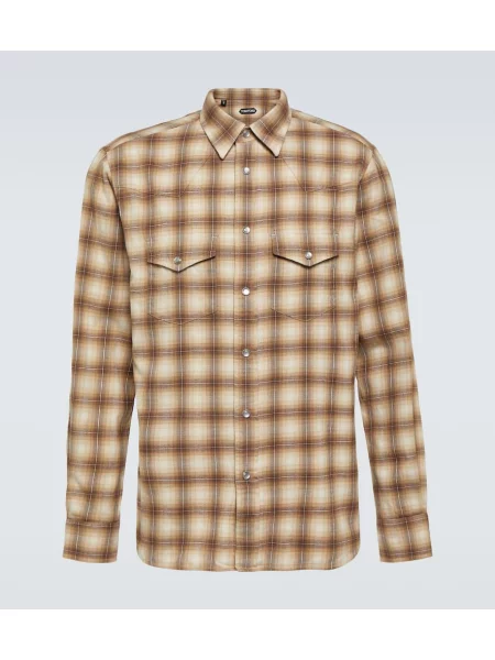Kostkovaná keprová košile Tom Ford hnědá