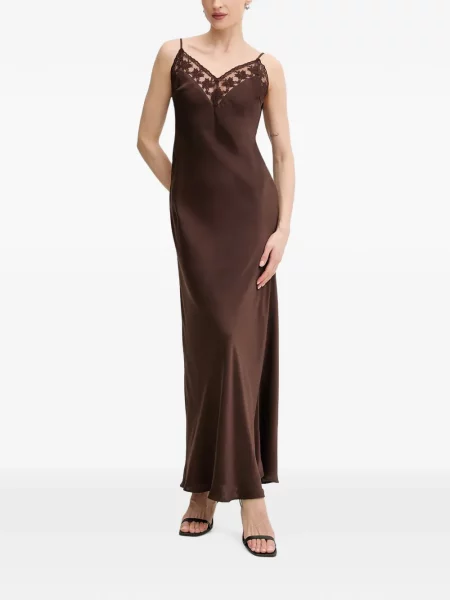 Rochie maxi Bardot din dantelă maro