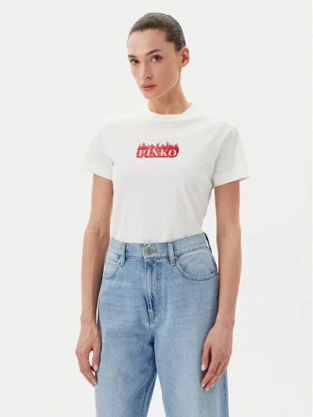 PINKO Koszulki Kobieta M T-shirt z nadrukiem płomieni biały