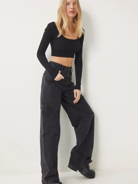 Happiness İstanbul Black Wide Leg Cargo Jeans negru