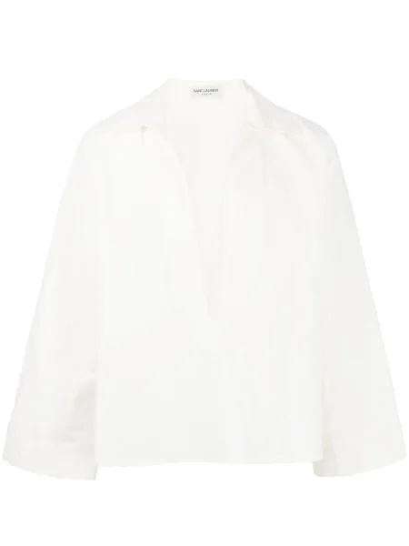 Lněná košile Saint Laurent s výstřihem do v bílá