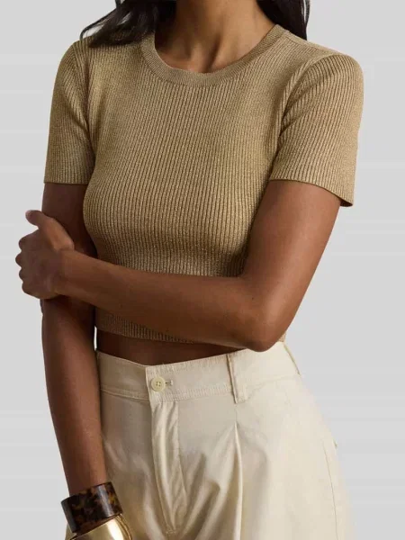 T-shirt o kroju krótkim krój slim fit z błyszczącej mieszanka Lauren Ralph Lauren