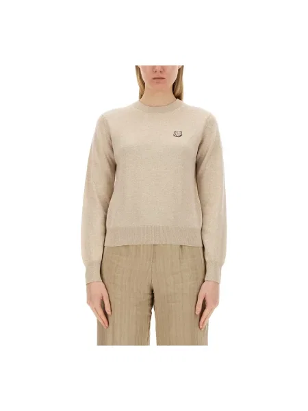 Sweter Maison Kitsune wełniany z długim rękawem beżowy