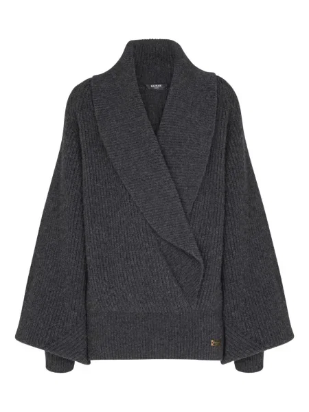 Sweter Balmain kopertowy prążkowany szary