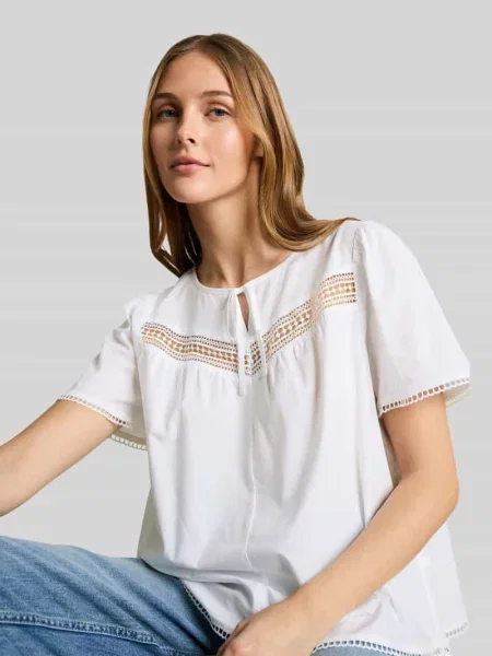 Bluzka o kroju regular fit z mieszanki bawełny i z detalami szydełkowymi Tom Tailor Denim biała