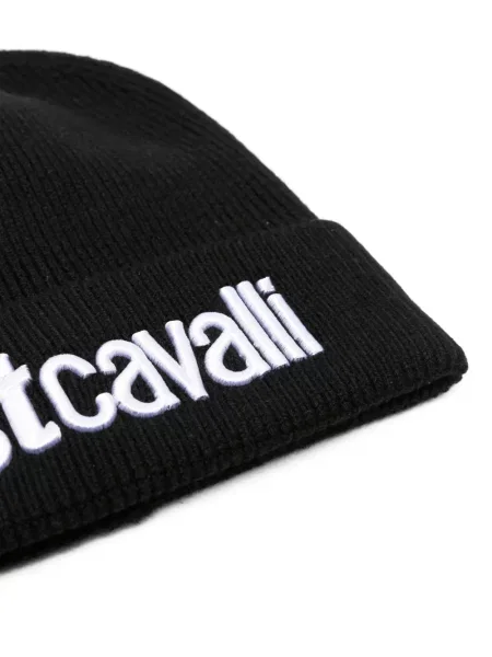 Siuvinėtas megztas briaunotas kepurė Just Cavalli juoda