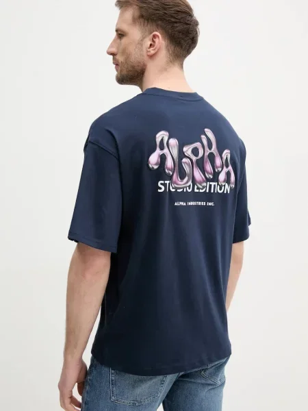 Alpha Industries tricou din Studio Edition BP T bărbați bleumarin cu imprimeu alb