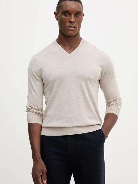 Пуловер с вълна Hackett London мъжки от лека материя бежово