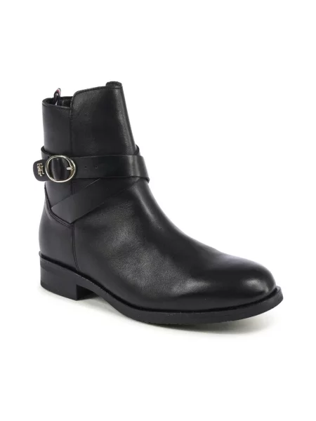 Botki Tommy Hilfiger skórzane na płaskim obcasie z paskiem czarne