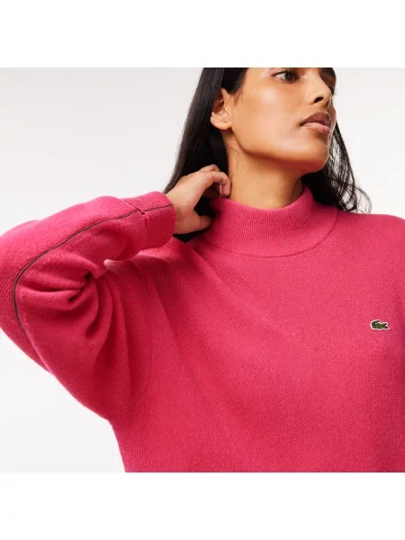 Lacoste Wełniany Sweter Z Wysokim Kołnierzem różowy
