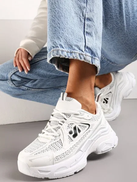 Sneakers Albi cu Talpă Groasă Decorați cu Inserții din Plasă Korianna alb