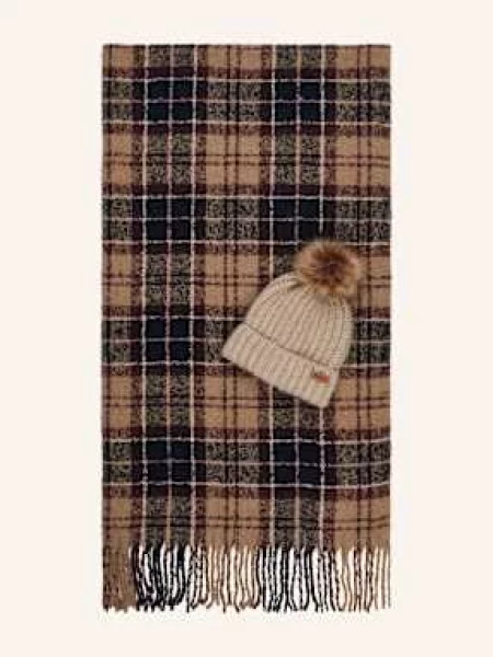 Barbour Set Saltburn: Čepice S Umělou Kožešinou A Šálem gardenia tartan