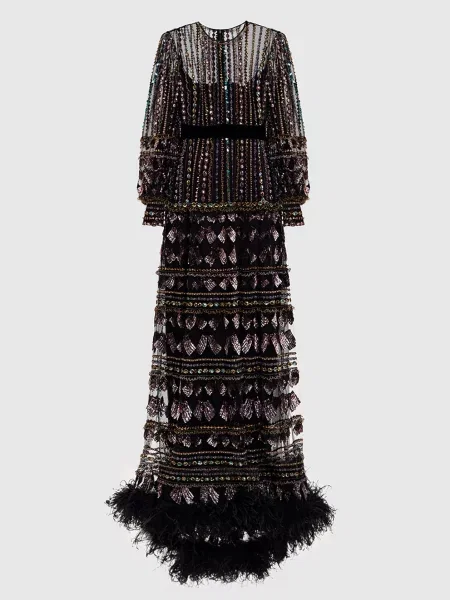 Сукня максі з аплікацією та пір'ям страуса Valentino чорна