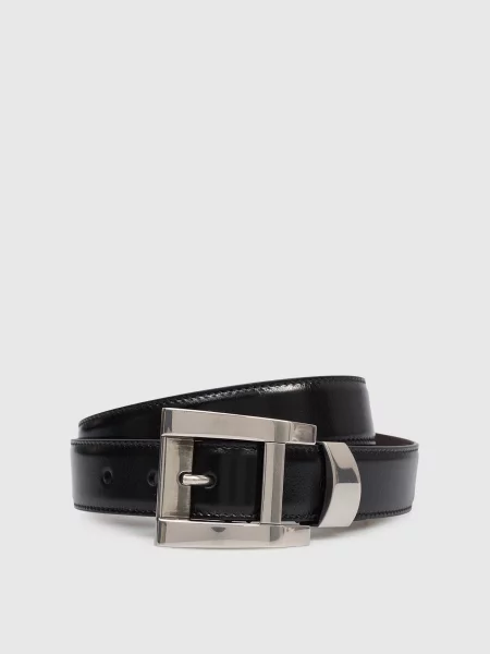 Шкіряний глянцевий ремінь з принтом логотипа Versace чорний