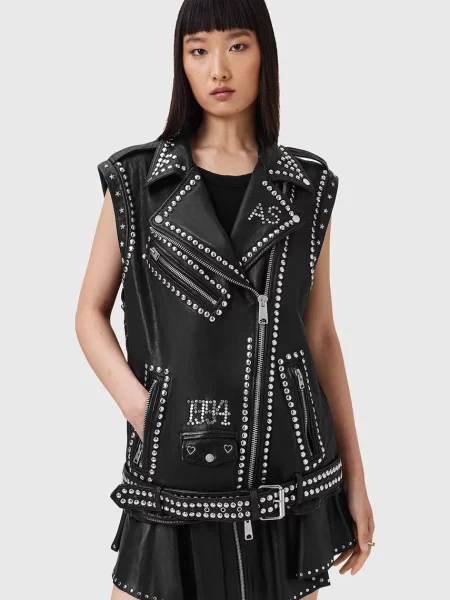 AllSaints vestă din piele BILLIE de tranziție oversize negru