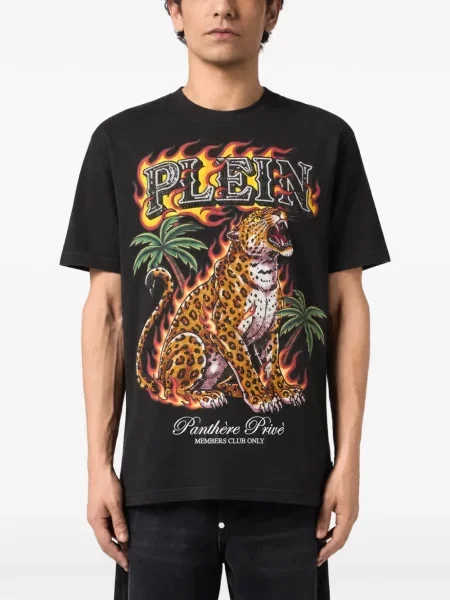 Tricou Philipp Plein cu model leopard cu strasuri negru