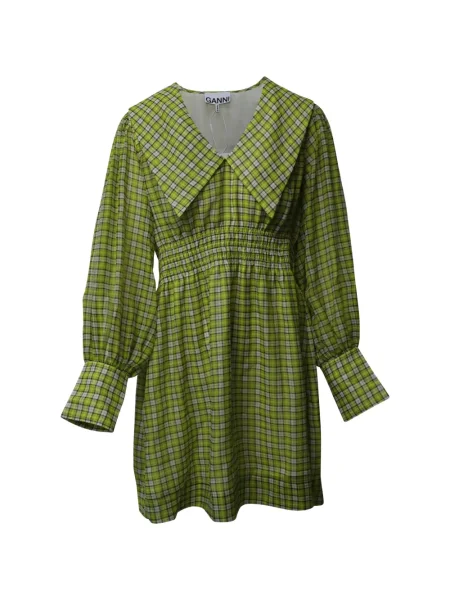 Rochie mini Ganni în carouri de costum verde