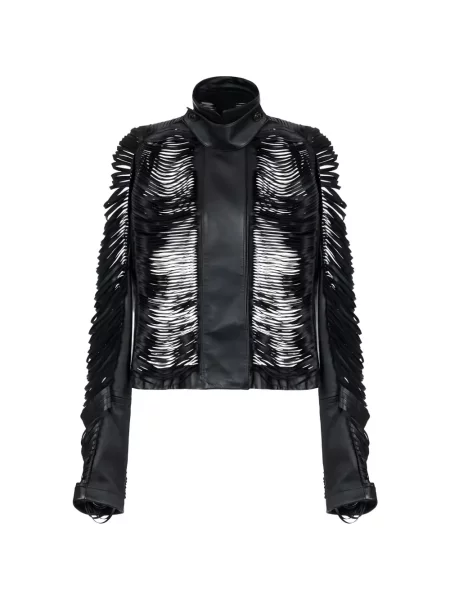 Kurtka skórzana Elisabetta Franchi z frędzli czarna