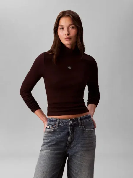 Bluză Calvin Klein Jeans cu guler înalt maro