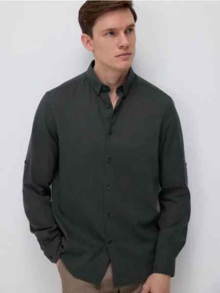 Reserved Cămașă regular cu conținut ridicat de in verde-închis verde