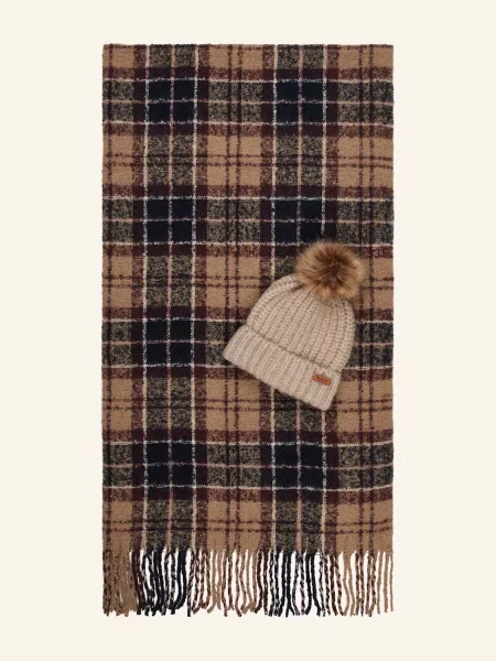 Barbour Set Saltburn: Čepice S Umělou Kožešinou A Šálem gardenia tartan