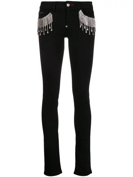 Skinny jeansy skinny Philipp Plein z frędzli czarne