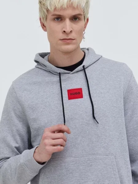 Bombažen pulover HUGO s kapuco siva