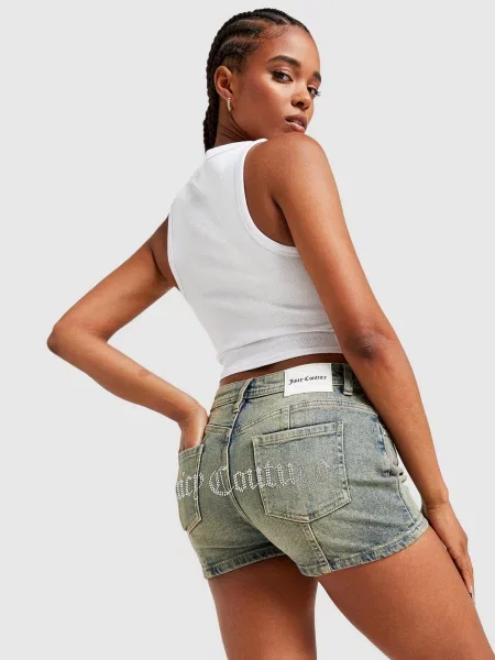 Juicy Couture Szorty Washed Denim Diamente Logo niebieskie