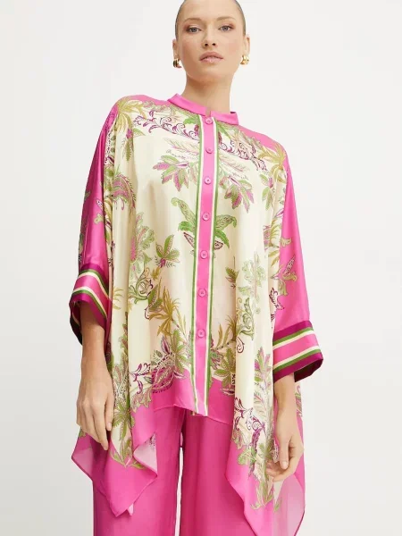 Luisa Spagnoli cămașă de mătase femei cu guler stand-up relaxed roz