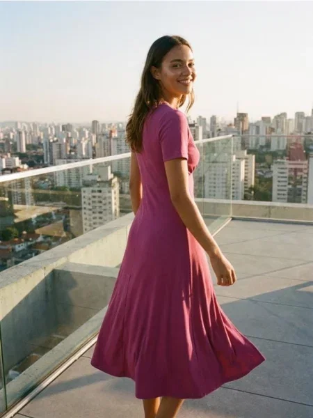 Сукня міді з модалу з V-подібним вирізом і коротким рукавом яскраво-рожевий рожева