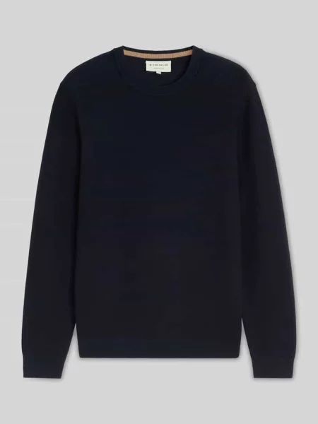 Sweter o kroju regular fit z okrągłym dekoltem i kołnierzem crew neck Tom Tailor granatowy