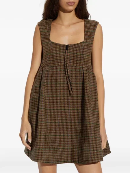 Rochie mini Ganni fără mâneci în carouri maro