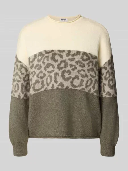 Sweter o kroju relaxed fit ze wzorem w panterkę Only oliwkowy
