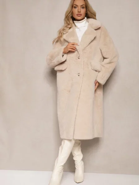 Płaszcz z Futra z Zapięciem na i Wsuwanymi Paritha beżowy