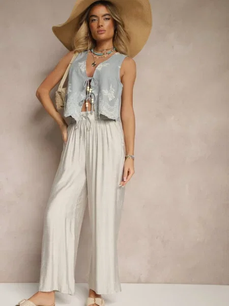 Jasnoszare Spodnie Typu Palazzo o Szerokim Kroju High Waist Ozdobione Wiązaniem Yaslevia szare