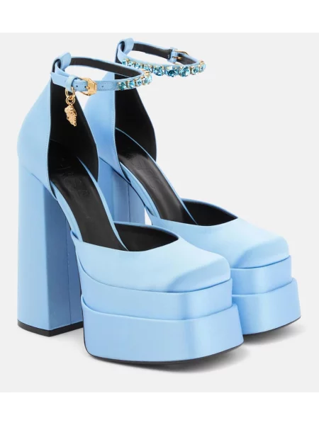 Pantofi cu toc Versace din satin cu platformă albastru