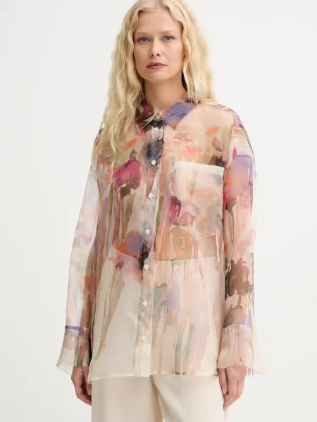 Копринена риза MUNTHE PRIAM дамска със свободна кройка с класическа яка бежово