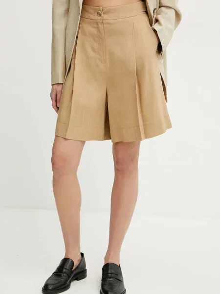 Marella pantaloni scurți din amestec de in SAGITTA femei verde uni high waist bej