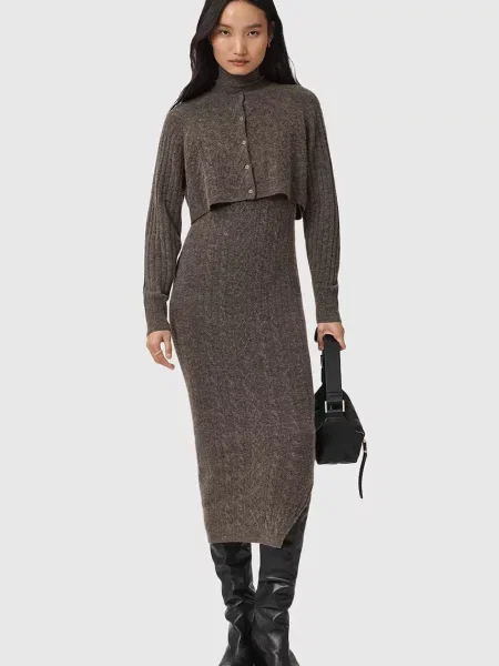 AllSaints sukienka i kardigan z dodatkiem wełny brązowa