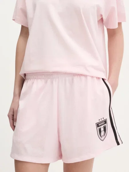 Hugo Blue pantaloni scurti femei roz cu imprimeu high waist albastru