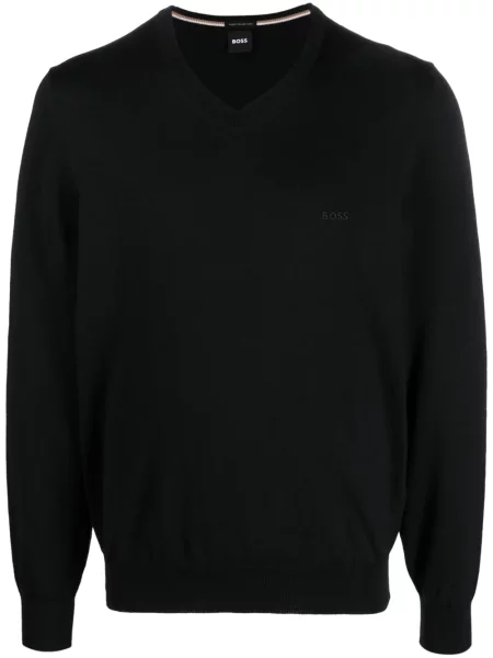 Pulover Boss cu broderie cu decolteu în V negru