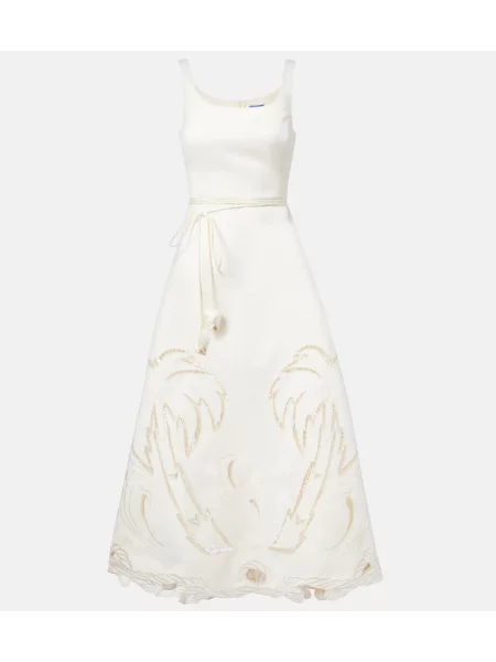 Rochie midi Leo Lin cu broderie până la genunchi de costum alb