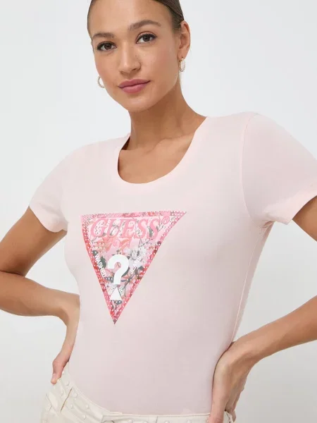 T-shirt z obszyciem z kamieni stras Guess różowa